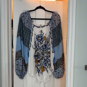 Free People Bohemian Floral Blouse - Blue and White